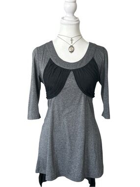 Y2K “Papillon” Grey and Black Wrap Babydoll Quarter Sleeve Mini Dress/Tunic